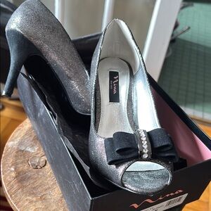 Nina Women's Silver Peep Toe Heels with Bow